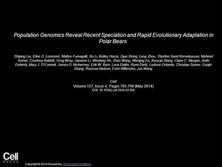 Population Genomics Reveal Recent Speciation and Rapid Evolutionary Adaptation in Polar Bears Shiping Liu, Eline D. Lorenzen, Matteo Fumagalli, Bo Li,