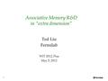 1 Associative Memory R&D in “extra dimension” Ted Liu Fermilab WIT 2012, Pisa May 5, 2012.