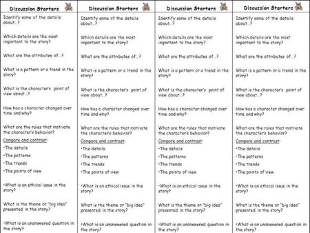 Identify some of the details about…? Which details are the most important to the story? What are the attributes of…? What is a pattern or a trend in the.