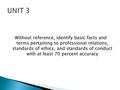 Without reference, identify basic facts and terms pertaining to professional relations, standards of ethics, and standards of conduct with at least 70.