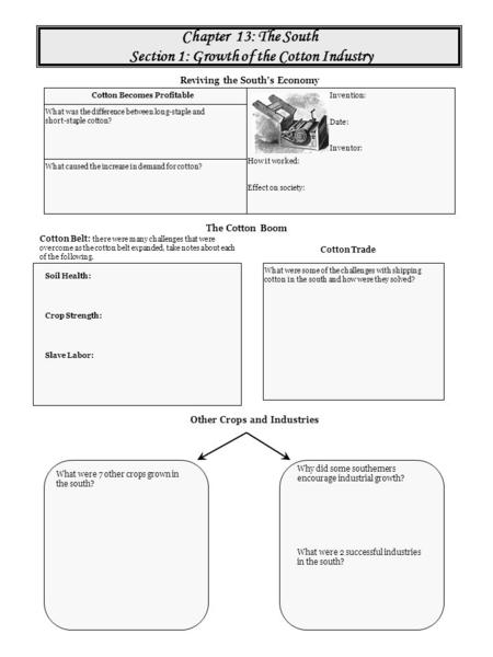 Chapter 13: The South Section 1: Growth of the Cotton Industry Reviving the South’s Economy Cotton Becomes Profitable What was the difference between long-staple.