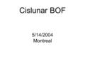 Cislunar BOF 5/14/2004 Montreal. Goals for Today ● Problem Definition ● Gauge Interest ● Outline Working Group Charter ● Assess Resources.