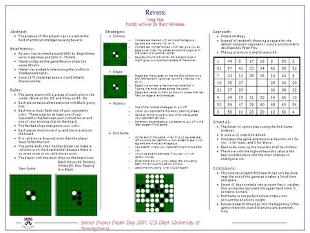 Senior Project Poster Day 2007, CIS Dept. University of Pennsylvania Reversi Meng Tran Faculty Advisor: Dr. Barry Silverman Strategies: l Corners t Corners.