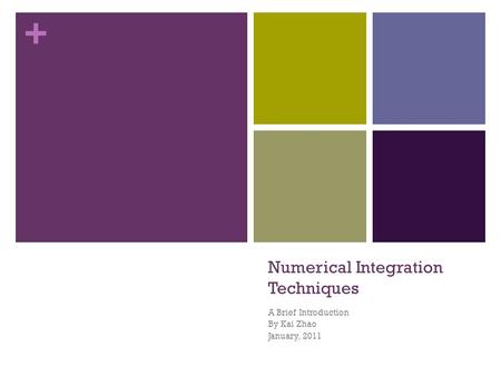 + Numerical Integration Techniques A Brief Introduction By Kai Zhao January, 2011.