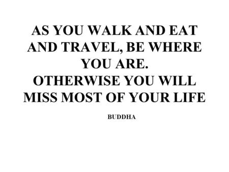 AS YOU WALK AND EAT AND TRAVEL, BE WHERE YOU ARE. OTHERWISE YOU WILL MISS MOST OF YOUR LIFE BUDDHA.