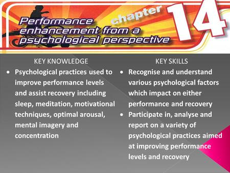 KEY KNOWLEDGEKEY SKILLS  Psychological practices used to improve performance levels and assist recovery including sleep, meditation, motivational techniques,