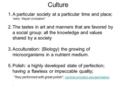 1.A particular society at a particular time and place; early Mayan civilization 2.The tastes in art and manners that are favored by a social group: all.