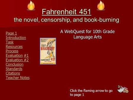 Fahrenheit 451 the novel, censorship, and book-burning Page 1 Page 1 Introduction Task Resources Process EvaluationEvaluation #1 Evaluation #2 Evaluation.