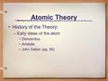 Atomic Theory History of the Theory: –Early ideas of the atom Democritus Aristotle John Dalton (pg. 56)