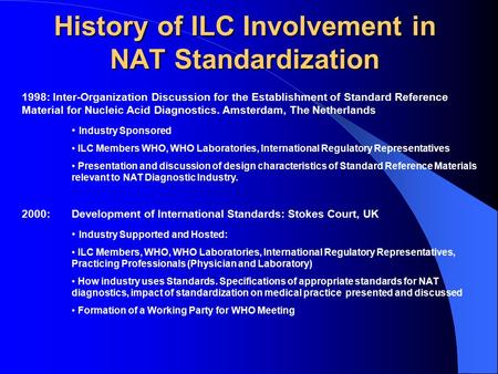 History of ILC Involvement in NAT Standardization 1998: Inter-Organization Discussion for the Establishment of Standard Reference Material for Nucleic.