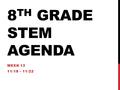 8 TH GRADE STEM AGENDA WEEK 13 11/18 – 11/22. 8 TH GRADE AGENDA 11/18 Learning Target: 1.I can discuss the factors that affect homeostasis. 2.I can describe.