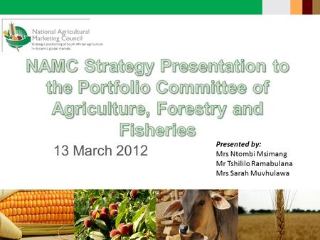 Strategic positioning of South African agriculture in dynamic global markets 13 March 2012 Presented by: Mrs Ntombi Msimang Mr Tshililo Ramabulana Mrs.