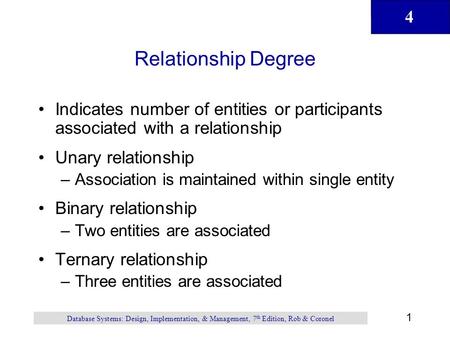 4 1 Database Systems: Design, Implementation, & Management, 7 th Edition, Rob & Coronel Relationship Degree Indicates number of entities or participants.