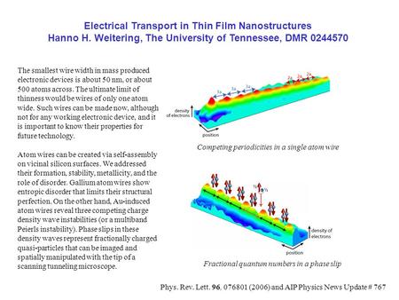 Electrical Transport in Thin Film Nanostructures Hanno H. Weitering, The University of Tennessee, DMR 0244570 Competing periodicities in a single atom.