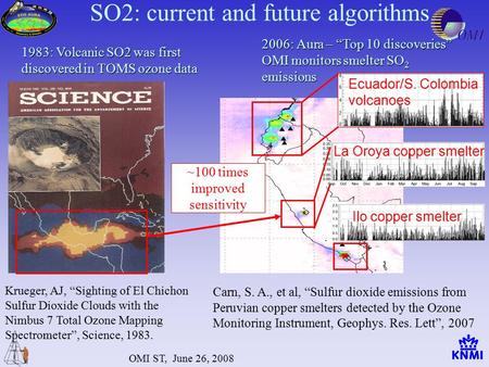 OMI ST, June 26, 2008 Krueger, AJ, “Sighting of El Chichon Sulfur Dioxide Clouds with the Nimbus 7 Total Ozone Mapping Spectrometer”, Science, 1983. 2006: