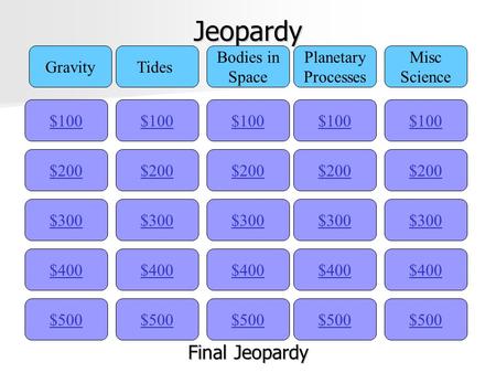 Jeopardy $100 GravityTides Bodies in Space Planetary Processes Misc Science $200 $300 $400 $500 $400 $300 $200 $100 $500 $400 $300 $200 $100 $500 $400.