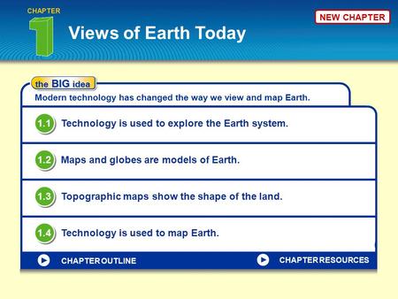 NEW CHAPTER Views of Earth Today CHAPTER the BIG idea Modern technology has changed the way we view and map Earth. Technology is used to explore the Earth.