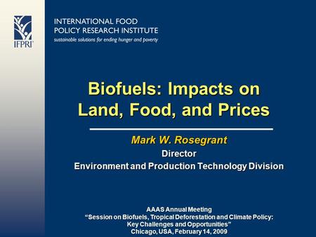 Biofuels: Impacts on Land, Food, and Prices Mark W. Rosegrant Director Environment and Production Technology Division AAAS Annual Meeting “Session on Biofuels,