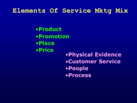 Elements Of Service Mktg Mix Product Physical Evidence Process Customer Service People Place Price Promotion.