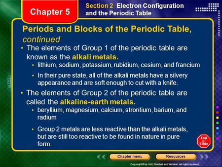 Copyright © by Holt, Rinehart and Winston. All rights reserved. ResourcesChapter menu Periods and Blocks of the Periodic Table, continued The elements.