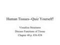 Human Tissues--Quiz Yourself! Visualize Structures Discuss Functions of Tissue Chapter 40 p. 856-858.