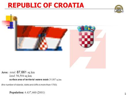 REPUBLIC OF CROATIA Area: total: 87,661 sq km land: 56,594 sq km surface area of territorial waters totals 31,067 sq km Population: 4.437,460 (2001) (the.