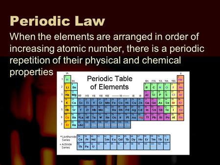 Periodic Law When the elements are arranged in order of increasing atomic number, there is a periodic repetition of their physical and chemical properties.