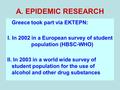 A. EPIDEMIC RESEARCH Greece took part via ΕΚΤΕPN: I. In 2002 in a European survey of student population (HBSC-WHO) II. In 2003 in a world wide survey of.