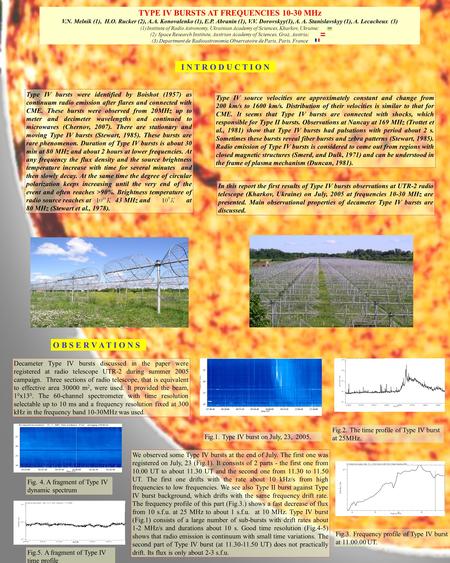 TYPE IV BURSTS AT FREQUENCIES 10-30 MHz V.N. Melnik (1), H.O. Rucker (2), A.A. Konovalenko (1), E.P. Abranin (1), V.V. Dorovskyy(1), A. A. Stanislavskyy.