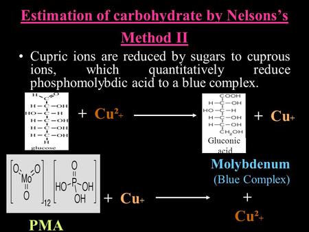 Estimation of carbohydrate by Nelsons’s Method II Cupric ions are reduced by sugars to cuprous ions, which quantitatively reduce phosphomolybdic acid to.