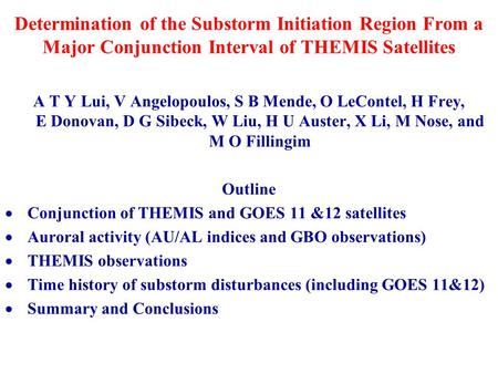 A T Y Lui, V Angelopoulos, S B Mende, O LeContel, H Frey, E Donovan, D G Sibeck, W Liu, H U Auster, X Li, M Nose, and M O Fillingim Outline  Conjunction.