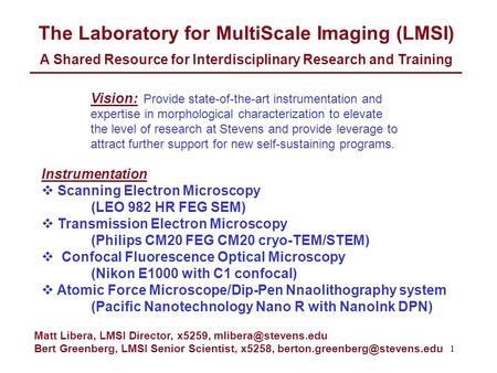 1 The Laboratory for MultiScale Imaging (LMSI) A Shared Resource for Interdisciplinary Research and Training Instrumentation  Scanning Electron Microscopy.