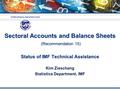 INTERNATIONAL MONETARY FUND Kim Zieschang Statistics Department, IMF Sectoral Accounts and Balance Sheets (Recommendation 15) Status of IMF Technical Assistance.