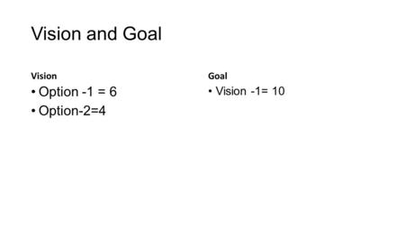 Vision and Goal Vision Option -1 = 6 Option-2=4 Goal Vision -1= 10.