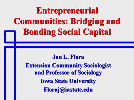 1 Entrepreneurial Communities: Bridging and Bonding Social Capital Jan L. Flora Extension Community Sociologist and Professor of Sociology Iowa State University.