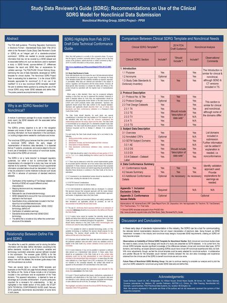 Study Data Reviewer’s Guide (SDRG): Recommendations on Use of the Clinical SDRG Model for Nonclinical Data Submission Nonclinical Working Group, SDRG Project.