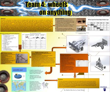 Team 4: wheels on anything Team 4: wheels on anything In regards to sustainability and economic feasibility our design meets the necessary standards required.