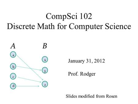 CompSci 102 Discrete Math for Computer Science January 31, 2012 Prof. Rodger Slides modified from Rosen AB a b c d x y z.