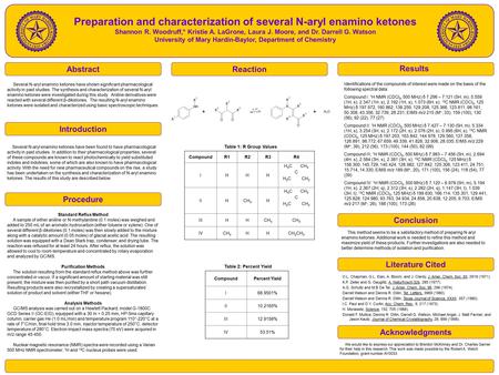 Literature Cited Conclusion Reaction Preparation and characterization of several N-aryl enamino ketones Shannon R. Woodruff,* Kristie A. LaGrone, Laura.