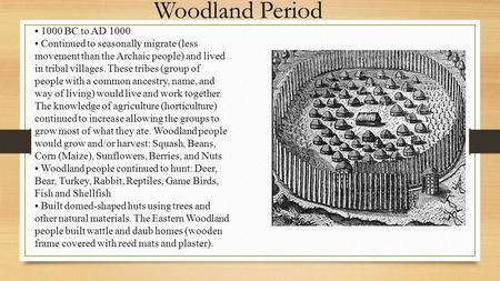 1000 BC to AD 1000 Continued to seasonally migrate (less movement than the Archaic people) and lived in tribal villages. These tribes (group of people.