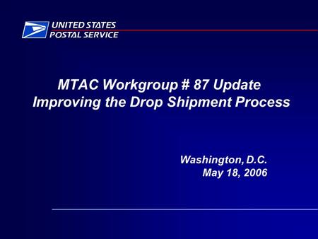 MTAC Workgroup # 87 Update Improving the Drop Shipment Process Washington, D.C. May 18, 2006.