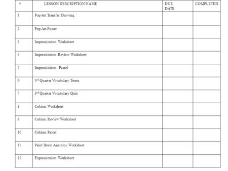 # LESSON DESCRIPTION/NAMEDUE DATE COMPLETED 1Pop Art Transfer Drawing 2Pop Art Poster 3Impressionism Worksheet 4Impressionism Review Worksheet 5Impressionism.