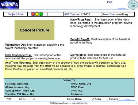 1 Project Risk SBIR Topic No: N??-???Award Date: mm/dd/yyyy Concept Picture CONTACTS Fleet Rep: Name,OrgTPOC: Name, Org OPNAV Sponsor: OrgTPOC Email: SBIR.