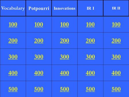 200 300 400 500 100 200 300 400 500 100 200 300 400 500 100 200 300 400 500 100 200 300 400 500 100 Vocabulary Potpourri InnovationsIR I IR II.