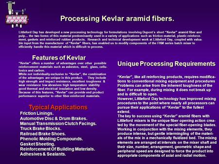 Processing Kevlar aramid fibers. Processing Kevlar aramid fibers. Littleford Day has developed a new processing technology for formulations involving Dupont´s.