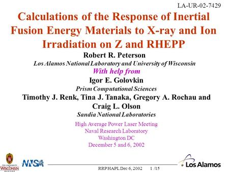 /15RRP HAPL Dec 6, 20021 Robert R. Peterson Los Alamos National Laboratory and University of Wisconsin Calculations of the Response of Inertial Fusion.