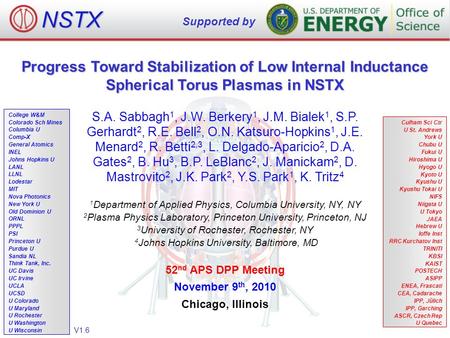 Progress Toward Stabilization of Low Internal Inductance Spherical Torus Plasmas in NSTX S.A. Sabbagh 1, J.W. Berkery 1, J.M. Bialek 1, S.P. Gerhardt 2,