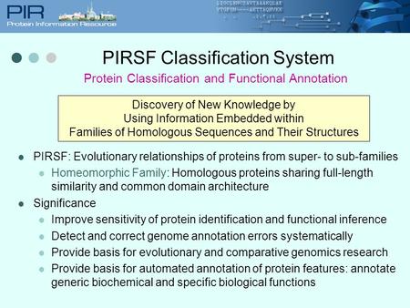 PIRSF Classification System PIRSF: Evolutionary relationships of proteins from super- to sub-families Homeomorphic Family: Homologous proteins sharing.