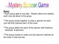 Rules: **Each group gets 6 clue sets. Players take turns reading each clue set aloud to the group. **The group works together to draw a spinner for each.