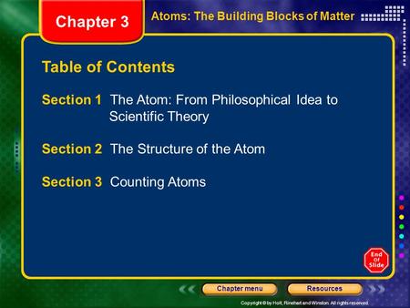 Copyright © by Holt, Rinehart and Winston. All rights reserved. ResourcesChapter menu Table of Contents Chapter 3 Atoms: The Building Blocks of Matter.